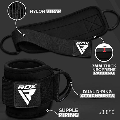 RDX Ankle Straps for Cable Machines – 7MM Neoprene Padded 10"x4" Adjustable Gym Cuffs with Dual D-Rings – Weight Attachments for Wrist Glutes Leg Kickbacks Hip Abduction Strength Workouts – Men Women