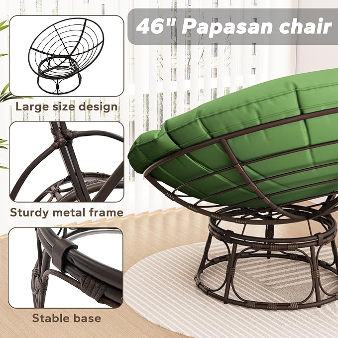 46'' Large Size Papasan Chair with Cushion and Frame, Lazy Chair for Living Room and Bedroom, Green