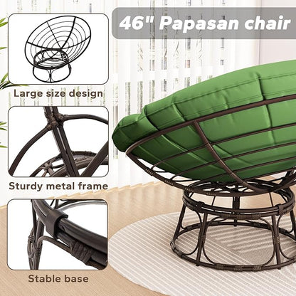 46'' Large Size Papasan Chair with Cushion and Frame, Lazy Chair for Living Room and Bedroom, Green
