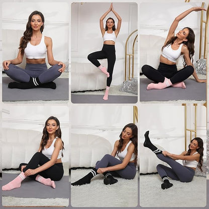 Raylarnia Tall Pilates Socks with Grips for Women, Yoga Crew Non-Slip, Grippy Ankle Barre Sock, Hospital Sticky Socks 5 Pairs