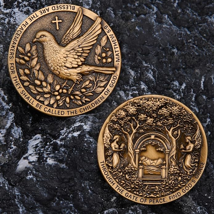 Christian Peace Medallion with Dove and Angels – Inspirational Religious Gift with Bible Verse Matthew 5:9 and Graceful Design