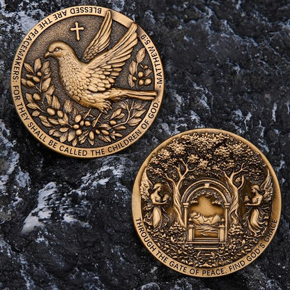 Christian Peace Medallion with Dove and Angels – Inspirational Religious Gift with Bible Verse Matthew 5:9 and Graceful Design