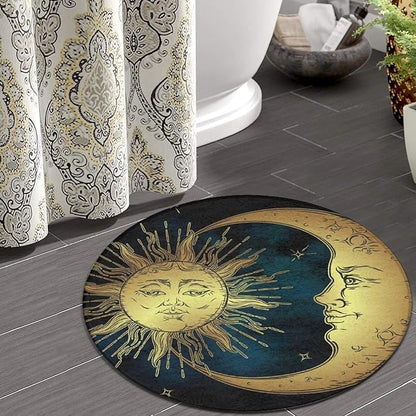 Large Home Decor Mat, Soft Round Yoga Carpet, Non-Slip Machine Washable Home Office Circle Rug Compatible with Boho Gold Sun Crescent Moon Star