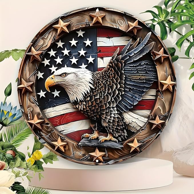 Eagle Wings Patriotic Aluminum Metal Wall Art - Weatherproof Round American Flag with Bald Eagle Decor, Pre-Drilled HD Print Sign for Home, Garage, Bar, Cafe - 8-Inch Diameter