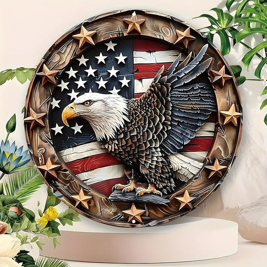 Eagle Wings Patriotic Aluminum Metal Wall Art - Weatherproof Round American Flag with Bald Eagle Decor, Pre-Drilled HD Print Sign for Home, Garage, Bar, Cafe - 8-Inch Diameter
