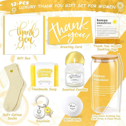 12PCS Thank You Gifts for Women, Sunshine Appreciation Gifts for Coworkers, Sunshine Box Employee Appreciation Baskets, Thanks You Baskets for Women Friends Teacher, Mentor, Families, Friends, Leaders