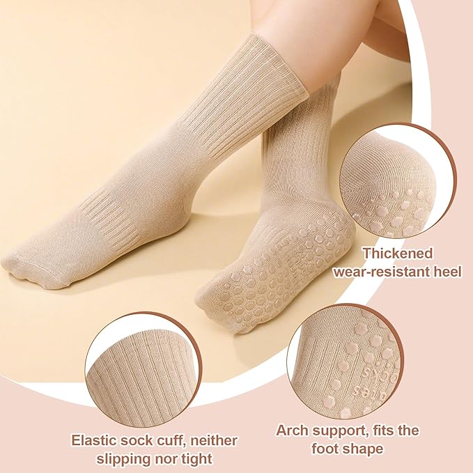 Jspupifip 4 Pairs Pilates Socks with Grips for Women Cotton Athletic Crew Socks for Barre Hospital Workout