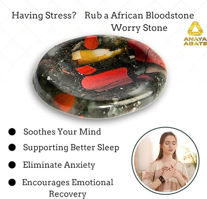 African Bloodstone Worry Stones – Crystal Thumb Worry Stone for Anguish, Stress – Relaxing and Soothing Balance Stones for Meditation – Healing Stones and Crystals for Men and Women