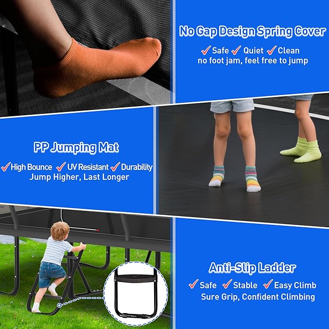 8×14FT Rectangle Tranpoline 1500LBS Heavy Duty Outdoor Tranpoline w Enclosure for Adults & Kids, ASTM Approved Gymnastics Tranpoline, No-Gap Design, Safe Family Backyard Bouncing Fun