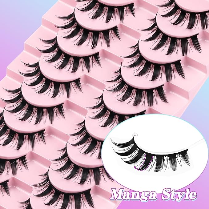 Losha Lashes Spiky Manga Lashes 10 Pairs Anime False Eyelashes 8D Wispy Eye Lashes Pack Soft Asian Fake Eyelashes (Doll)