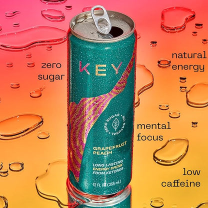 KEY Ketone Energy Drink - Sugar Free, 80mg Low Caffeine, All Natural, 11.5g Ketones, Long Lasting Energy, Green Tea & L-Theanine for Mental Focus, Grapefruit Peach (Pack of 12)