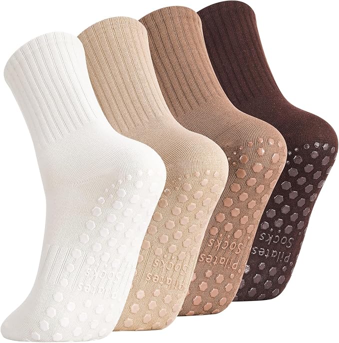 Jspupifip 4 Pairs Pilates Socks with Grips for Women Cotton Athletic Crew Socks for Barre Hospital Workout