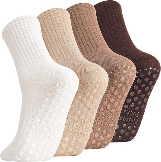 Jspupifip 4 Pairs Pilates Socks with Grips for Women Cotton Athletic Crew Socks for Barre Hospital Workout
