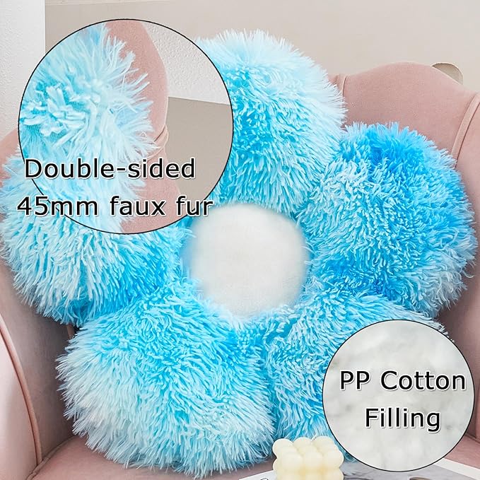 MorroMorn Flower Pillow Shaped Throw Pillows, 20" Floor Pillow Butt Cushion - Fluffy Shaggy Daisy Floral Decorative Pillows for Bed Couch Sofa Chair Cute Plush Faux Fur Room Decor (Aqua)