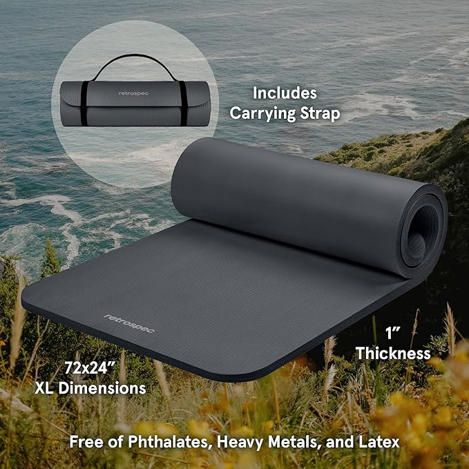 Retrospec Solana Yoga Mat 1" Thick With Nylon Carry Strap for Men & Women - Non Slip Exercise Mat for Home Yoga, Pilates, Stretching, Floor & Fitness Workouts