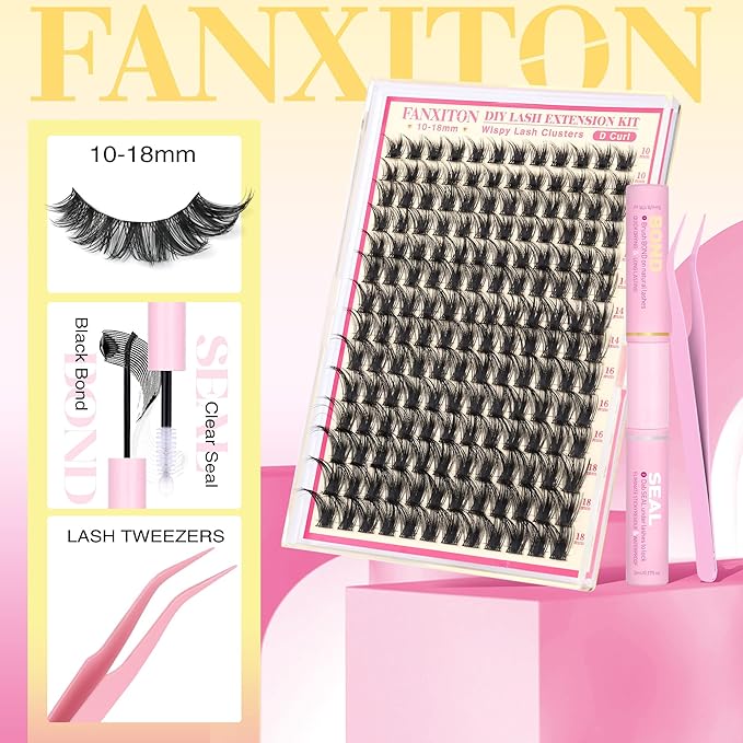 FANXITON Lash Clusters Kit Wispy Clusters Eyelash Extensions Natural Lash Extension Kit 168 Pcs 10-18mm Individual Lashes Thin Band Cluster Lashes with Waterproof Lash Bond and Seal Tweezers