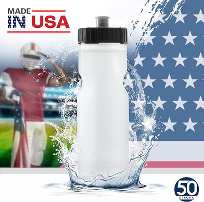 50 Strong Bulk Water Bottles | 24 Pack Sports Bottle | 22 oz. BPA-Free Easy Open with Pull Top Cap | Made in USA | Reusable Plastic Water Bottles for Adults & Kids | Top Rack Dishwasher Safe