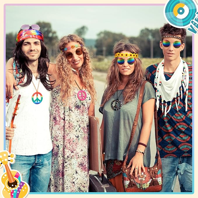 Remuuly 16 Pcs Hippie Costume Accessories for Women 60s 70s Accessory Set Includes Headband Hippie Sunglasses Peace Sign Earrings and Necklace Jewelry Outfits Men Women Costume Party Supplies