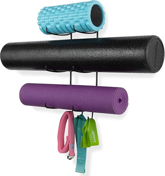 Wallniture Guru Yoga Mat Holder Wall Mount with 3 Hooks for Hanging Yoga Strap, Resistance Bands, 5-Sectional Metal