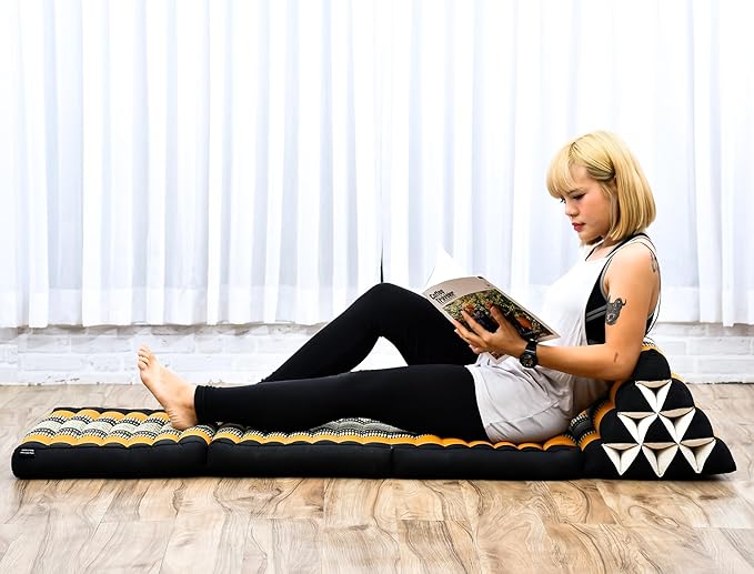 Leewadee 3-Fold Mat with Triangle Cushion – Comfortable TV Pillow, Foldable Mattress with Cushion Made of Eco-Friendly Kapok, 67 x 21 inches, Black Orange