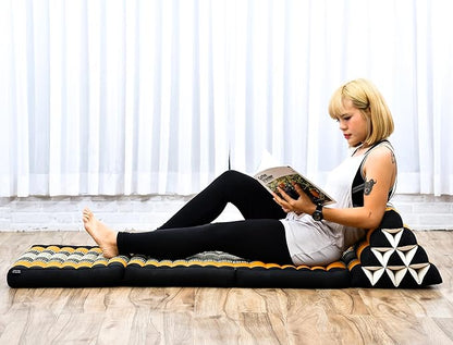 Leewadee 3-Fold Mat with Triangle Cushion – Comfortable TV Pillow, Foldable Mattress with Cushion Made of Eco-Friendly Kapok, 67 x 21 inches, Black Orange