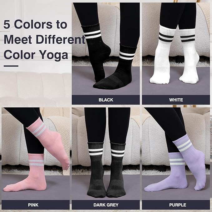 Raylarnia Tall Pilates Socks with Grips for Women, Yoga Crew Non-Slip, Grippy Ankle Barre Sock, Hospital Sticky Socks 5 Pairs