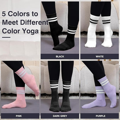 Raylarnia Tall Pilates Socks with Grips for Women, Yoga Crew Non-Slip, Grippy Ankle Barre Sock, Hospital Sticky Socks 5 Pairs