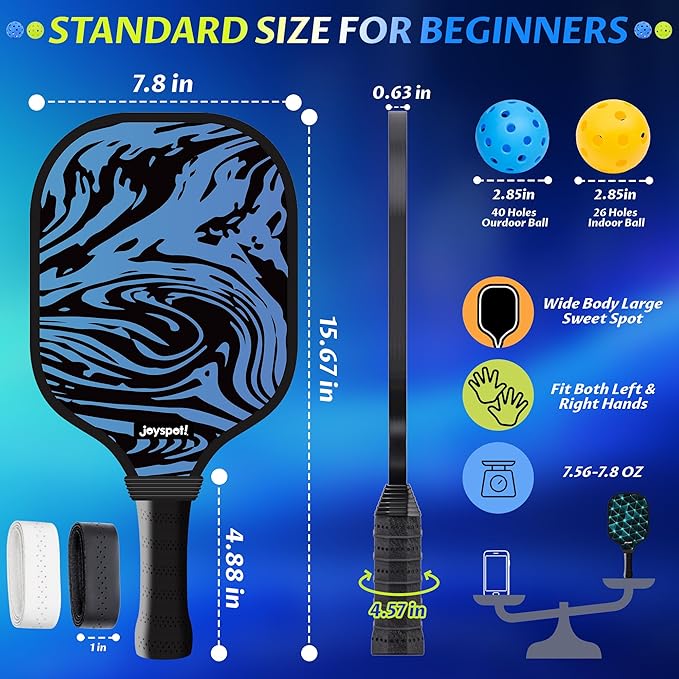 Pickleball Paddles Set of 2, Fiberglass Pickle Ball Rackets, Lightweight Paddle Set Includes 4 Outdoor Indoor Balls, 2 Grip Tapes & Carry Bag, Oversized Sweet Spot for Men, Women, Adult, Teenager