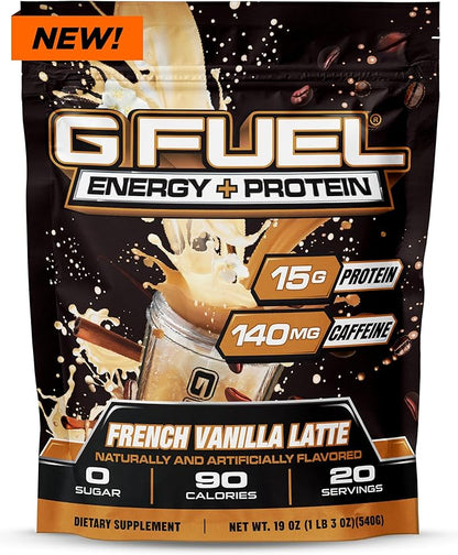 G Fuel Protein + Energy Drink Powder, Pre Workout Caffeine Mix for Gaming, Sugar Free Focus Amino, Vitamin + Antioxidants, 19oz (French Vanilla Latte, 20 Servings)