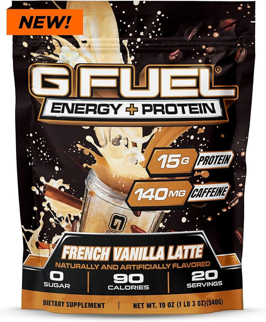 G Fuel Protein + Energy Drink Powder, Pre Workout Caffeine Mix for Gaming, Sugar Free Focus Amino, Vitamin + Antioxidants, 19oz (French Vanilla Latte, 20 Servings)