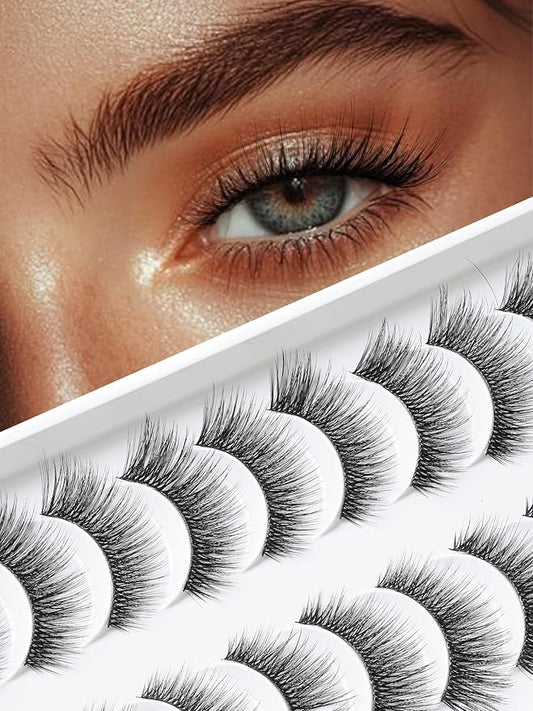 Eyelashes Natural Cat Eye Lashes 15mm Wispy Eyelashes Thin Band False Eyelash 3D Volume False Lashes Soft Lash Strips C Curl Natural Fake Lash 10 Pair EVENTILL