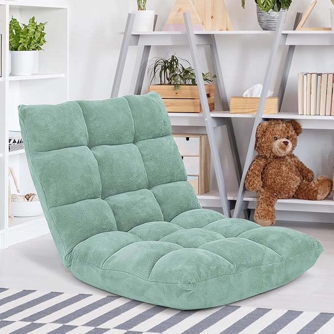 GORELAX Memory Foam Floor Chair, 14-Poistion Adjustable Floor Reading Gaming Chair Recliner, Folding Cushioned Meditation Chair with Back Support, Padded Lazy Sofa Chair for Adults, Kids (Green)