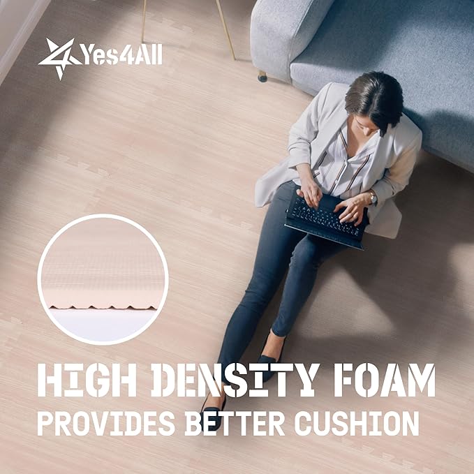 Yes4All 48SQ.FT Wood Grain Puzzle Exercise Mat Protective Flooring, EVA Interlocking Foam Floor Tiles with Border for Home