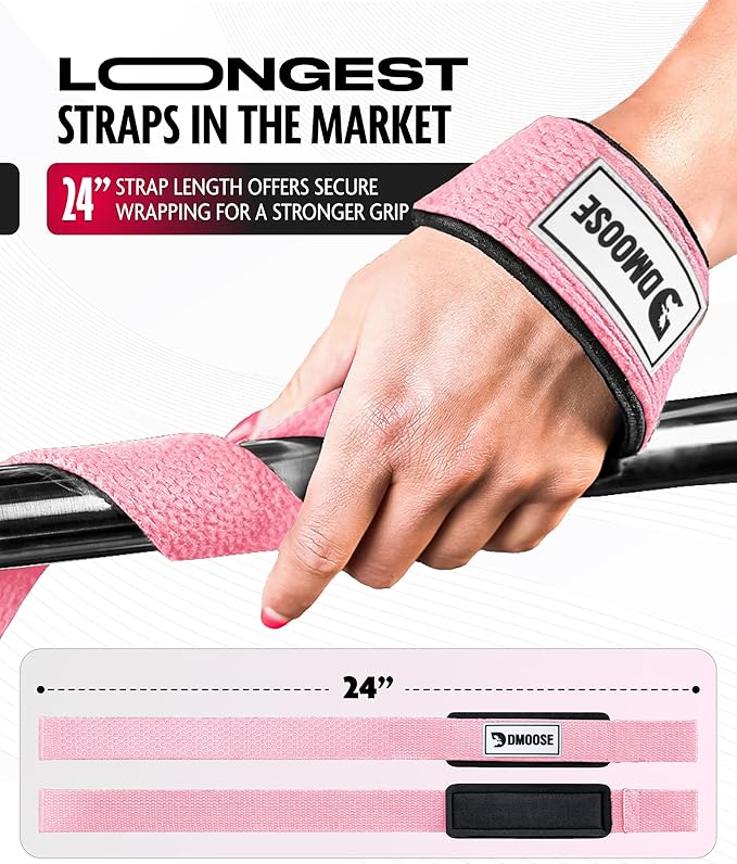 DMoose Fitness Lifting Straps 24" (Pair) - 5mm Padded Durable Wrist Straps for Weightlifting & Powerlifting - Cotton Lifting Strap with Silicone Grip for Men & Women - Deadlift Strap for Gym Workout
