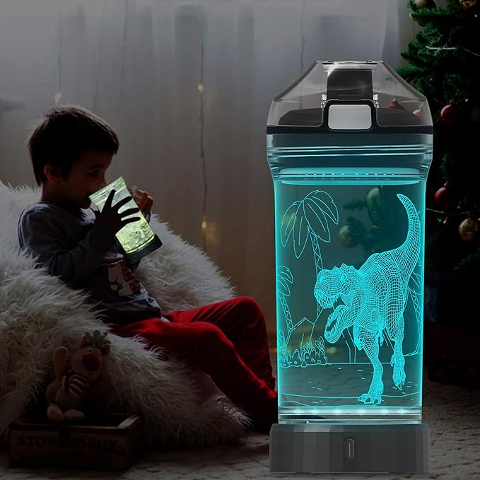 Lightzz Dinosaur Water Bottle, Dinosaur Toys for Kids 5-7 8-12 with 3D Glowing Light, 14 OZ Tritan BPA Free Cup, Dinosaur Gifts for Boys School Kid Child Holiday Camping Picnic