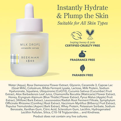 Beekman 1802 Milk Drops Ceramide Facial Serum - Squalane Oil, Hyaluronic Acid & Goat Milk Face Moisturizer - Boosts Skin Radiance & Hydrates Deeply - Fragrance Free, Cruelty Free