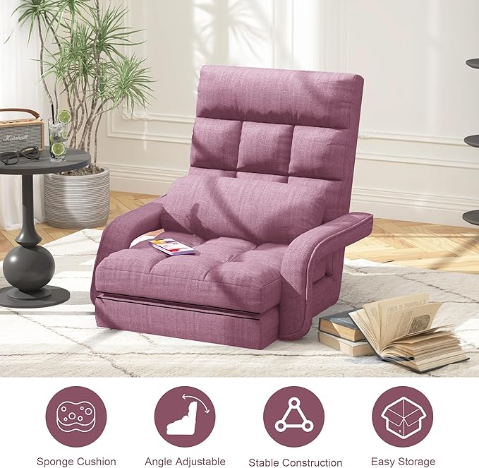 Adjustable Floor Gaming Chair for Adults, 6-Position Chaise Lounge Chair with Meditation Arm, Foldable Lazy Sofa with Pillow, Comfy Chair Indoor for Bedroom Dorm Living Room, Purple
