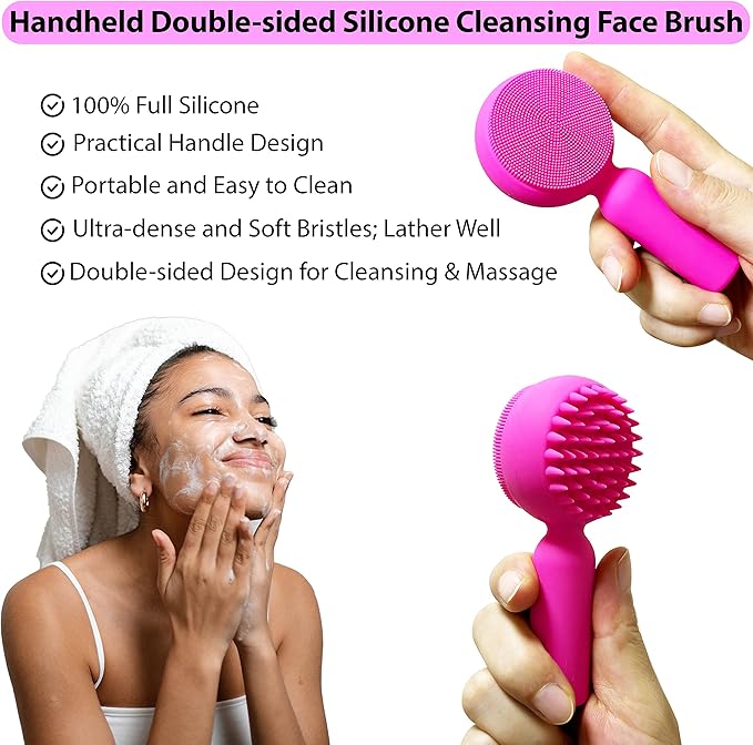 Silicone Facial Cleansing Brush 2 in 1 Silicone Facial Scrubber Manual Exfoliating Facial Brush Face Cleanser Face Exfoliator Ultrafine Bristles for Sensitive Skin Easy to Clean Lather Well (Rose-red)
