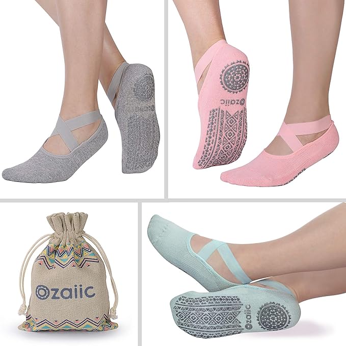 Ozaiic Yoga Socks for Women Non-Slip Grips & Straps, Ideal for Pilates, Pure Barre, Ballet, Dance, Barefoot Workout