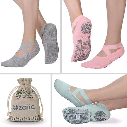 Ozaiic Yoga Socks for Women Non-Slip Grips & Straps, Ideal for Pilates, Pure Barre, Ballet, Dance, Barefoot Workout