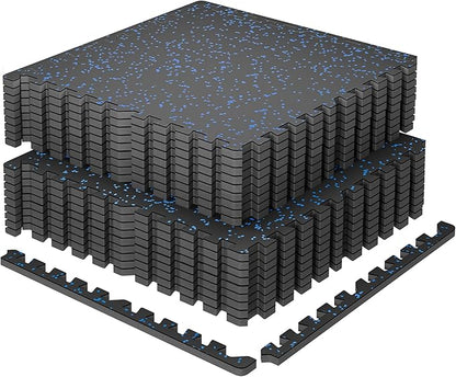 SUPERJARE 0.79'' Extra-Thick Exercise Equipment Mats, 18 Pcs 72 Sq Ft Rubber Top Floor Tiles with High Density EVA Foam, Interlocking Gym Flooring for Home Gym, Workout Mat, Black/Blue