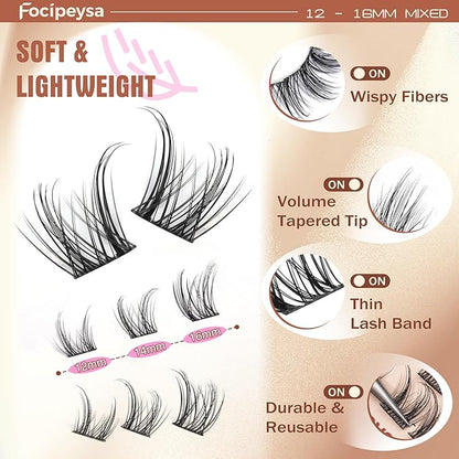 Focipeysa Lashes Wispy Cluster Lashes Natural Lash Clusters 10-16mm Eyelash Clusters Salon Effect Pestañas Postizas Naturales Fairy DIY Individual Eye Lashes Extensions Pack Spiky Lash