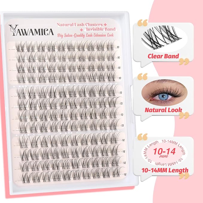 Yawamica Natural Lash Clusters Clear Band Eyelash Clusters 10-14mm Lash Extension Wispy Individual Lashes C Curly Cluster Lashes DIY Cluster Eyelash Extensions Natural Look by Self (Venus)