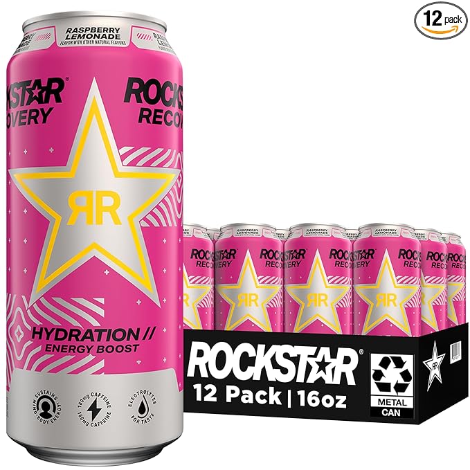 Rockstar Recovery Non-Carbonated Energy Drink, Raspberry Lemonade, 16 fl oz Cans, (12 Pack), Hydration // Mind-Body Energy, 160mg Caffeine, B Vitamins, Electrolytes