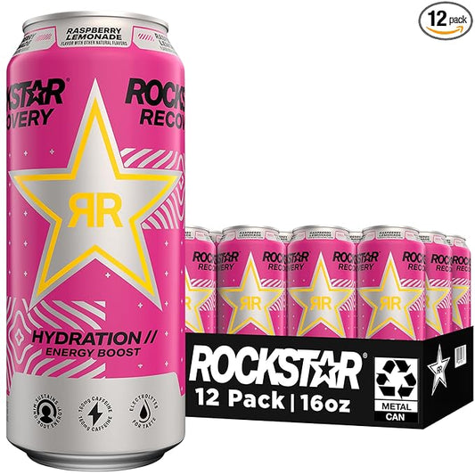 Rockstar Recovery Non-Carbonated Energy Drink, Raspberry Lemonade, 16 fl oz Cans, (12 Pack), Hydration // Mind-Body Energy, 160mg Caffeine, B Vitamins, Electrolytes