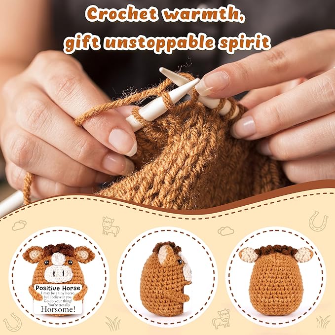 Mini Encouragement Gifts for Her Him, Handmade Motivational Inspirational Uplifting Mental Health Positive Affirmation Support Gift for Women Men Friend Coworker Teens, Crochet Horse