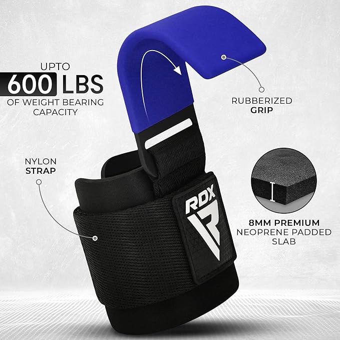 RDX Weight Lifting Hooks for Deadlifting (Pair) - 600Lbs Capacity - 8MM Neoprene Wrist Support Wraps - Grip Enhancer for Pull Ups Lat Pulldowns Rows - Adjustable Gym Workout Power Straps for Men Women