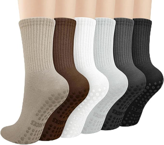 Justay 6 Pairs Pilates Socks with Grips for Women Soft Non Slip Crew Cotton Athletic Workout Barre Hospital Yoga Socks