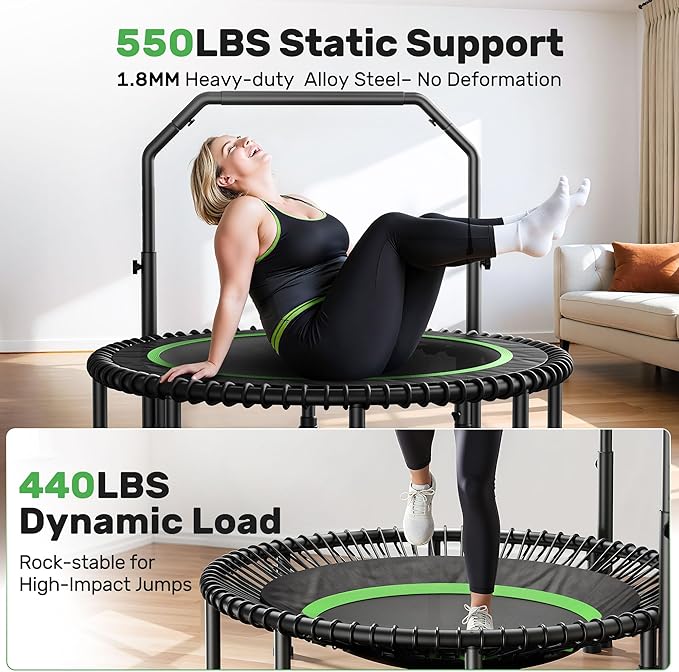 BCAN 40"/48" Mini Rebounder Trampoline for Adults with Bar, 450/550LBS Fitness Trampoline with Bungees, Adjustable Handle, Stable & Quiet, Indoor Outdoor, Whole-Body Workout & Relaxation at Home