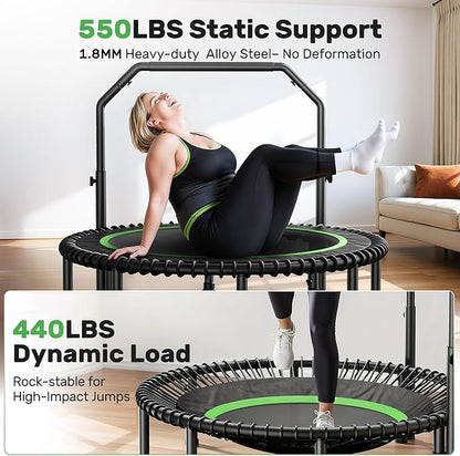 BCAN 40"/48" Mini Rebounder Trampoline for Adults with Bar, 450/550LBS Fitness Trampoline with Bungees, Adjustable Handle, Stable & Quiet, Indoor Outdoor, Whole-Body Workout & Relaxation at Home